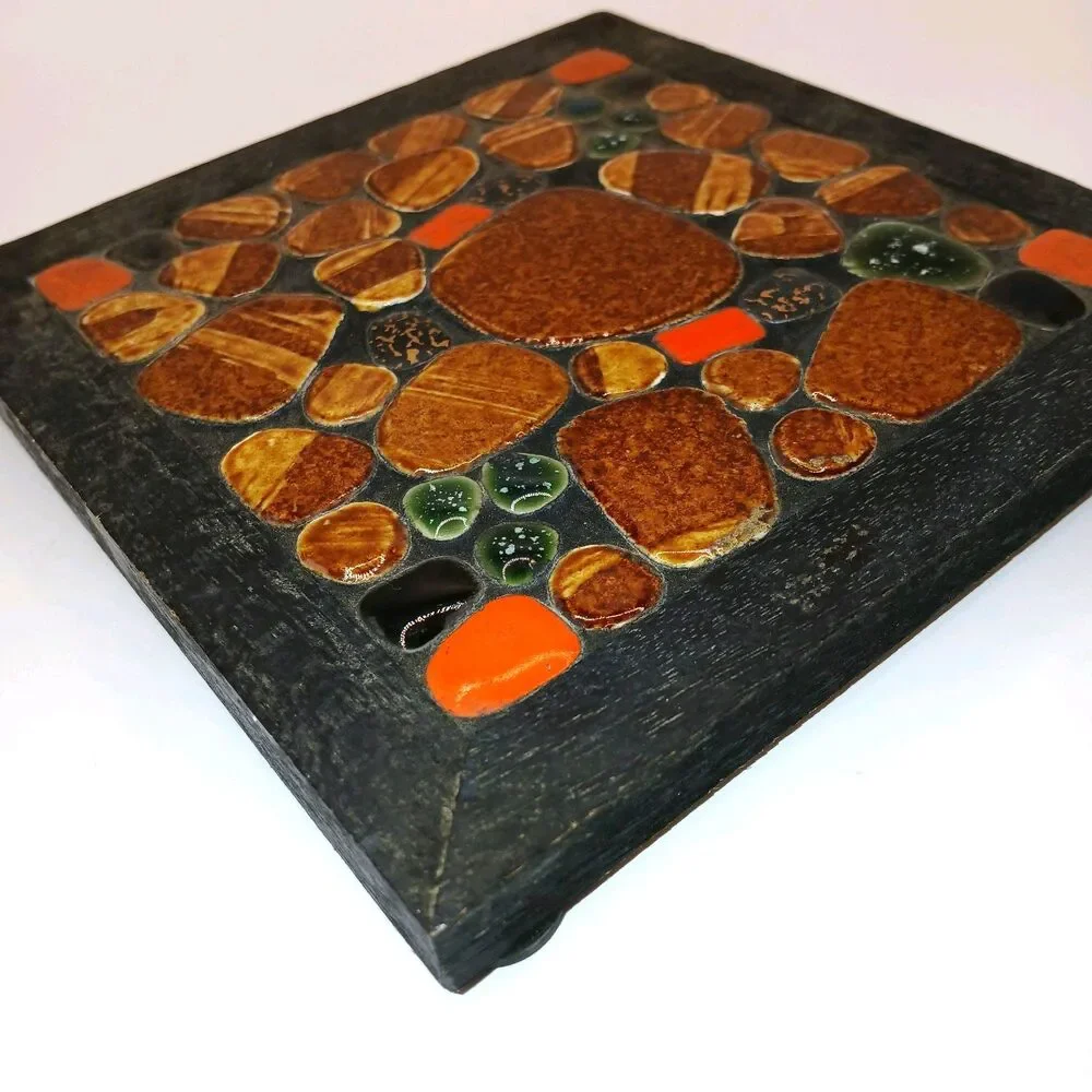 Brown Orange Black Brown Mosaic Stone Tile MCM Trivet Hot Plate Made in Japan
